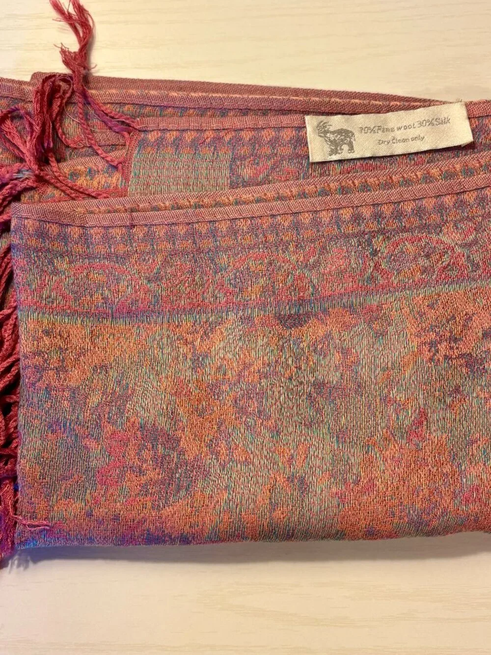 Pashima-style woven scarf pink orange lavender wool and silk scarf